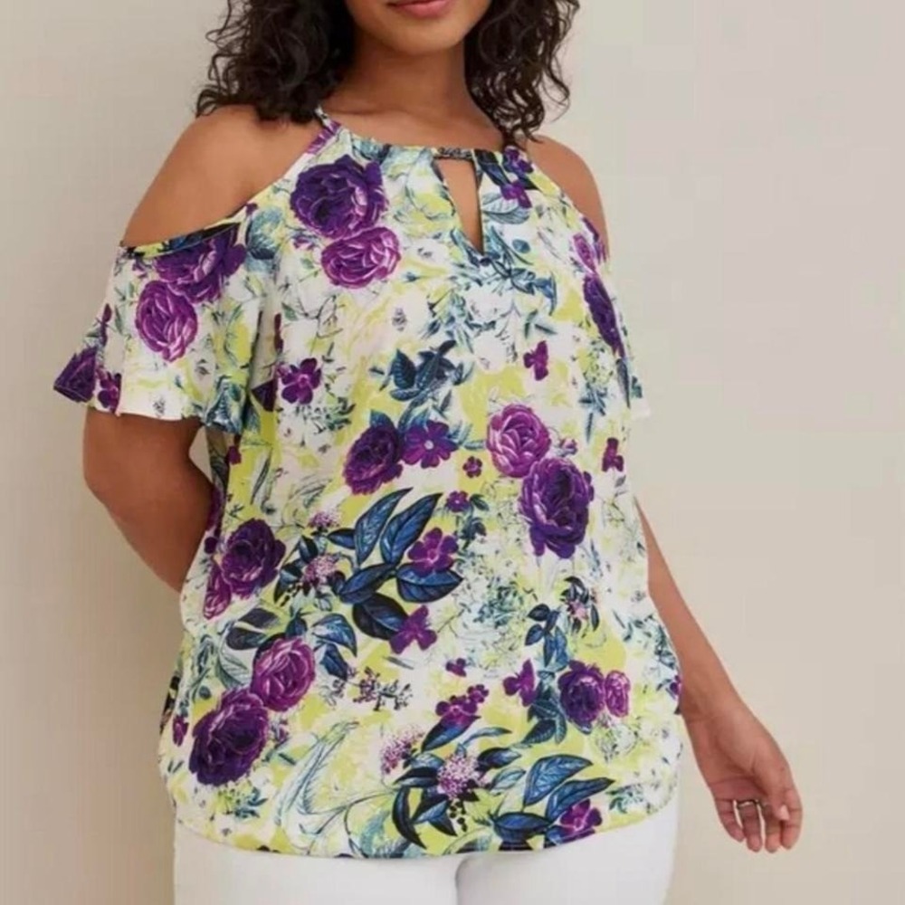 Torrid Floral Cold Shoulder Blouse Keyhole Top Sz 4 Plus Summer Cottagecore Boho